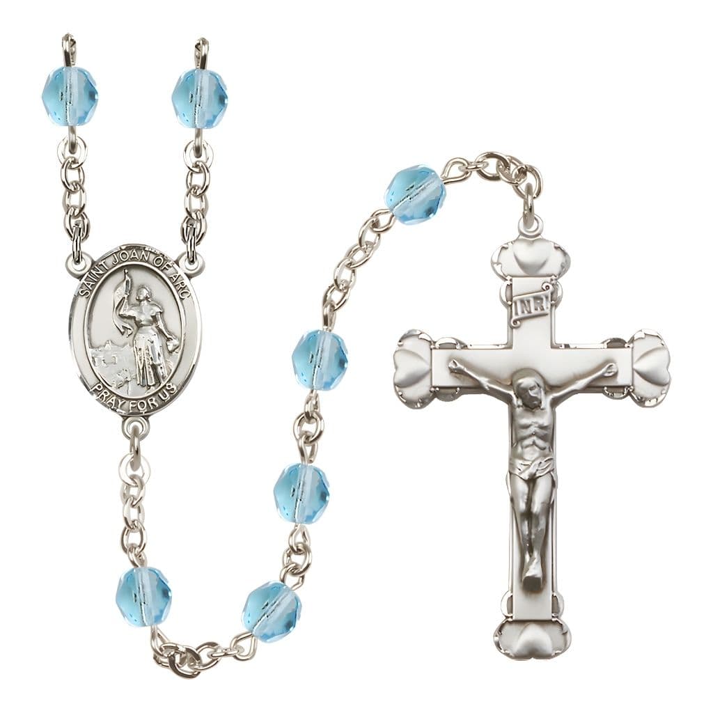 Bliss St. Joan of Arc Rosary with Pewter Heart Crucifix and Centerpiece, Birthstone 6mm Fire Polished Aqua Beads for March