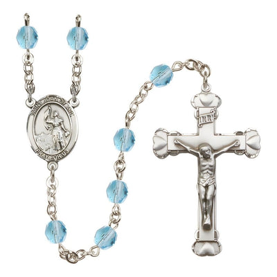 St. Joan of Arc Rosary with Pewter Heart Crucifix and Centerpiece, Birthstone 6mm Fire Polished Aqua Beads for March, Bliss Manufacturing