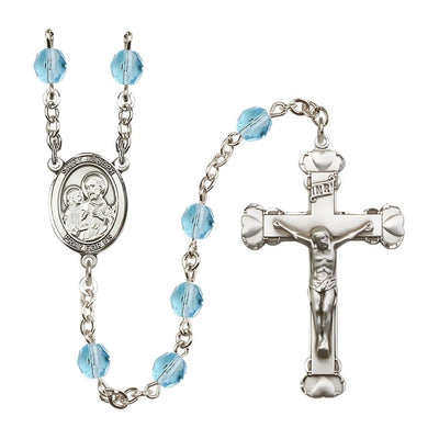 St. Joseph Rosary with Pewter Heart Crucifix and Centerpiece, Birthstone 6mm Fire Polished Aqua Beads for March