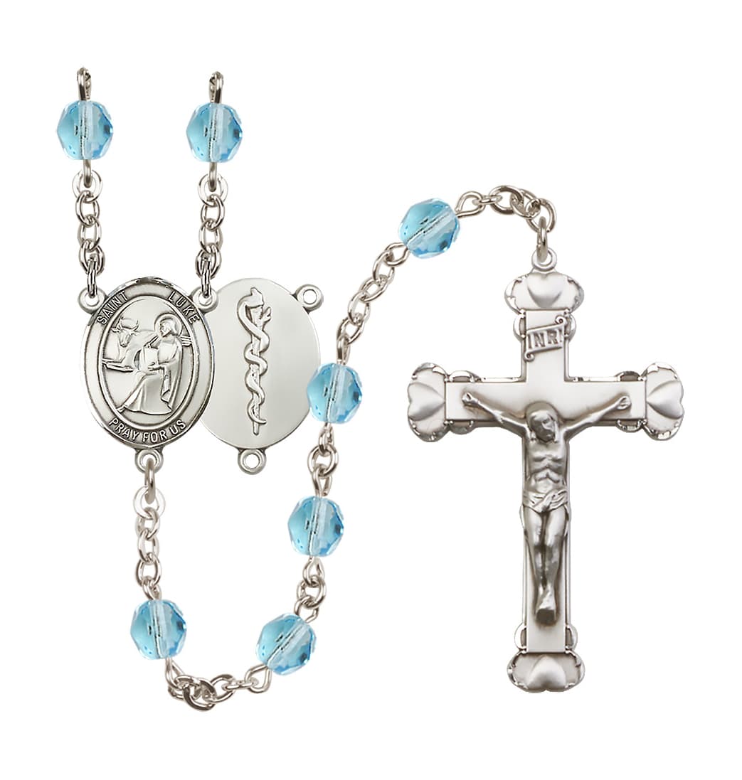 Bliss St Luke Doctor Birthstone Crystal Heart Tip Rosary in March Aqua,