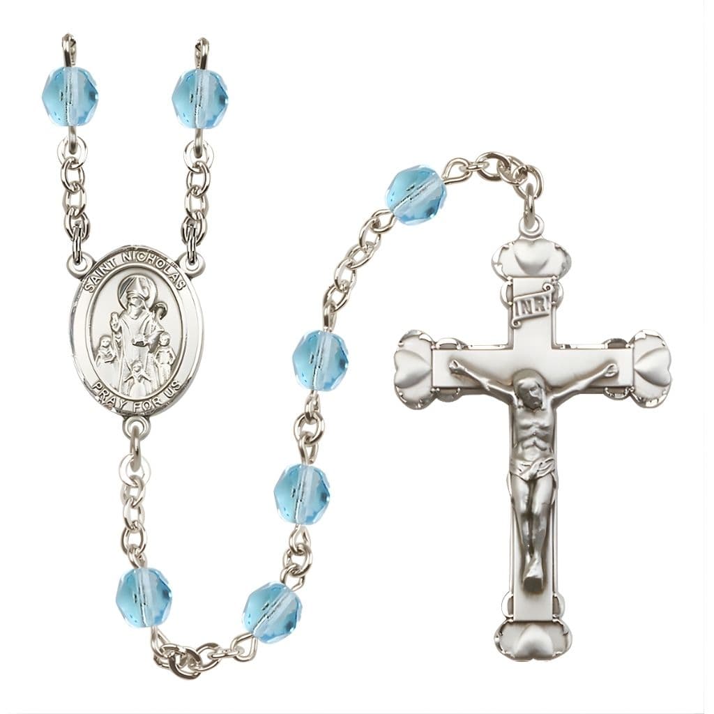 Bliss St. Nicholas Engravable Rosary with Pewter Centerpiece and Heart Crucifix, March Birthstone 6mm Aqua Fire Polish Beads