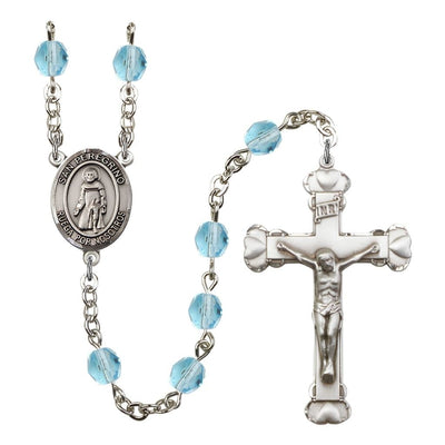 Spanish San Peregrino Rosary with Pewter Heart Crucifix and Centerpiece, Birthstone 6mm Fire Polished Aqua Beads for March, Bliss Manufacturing