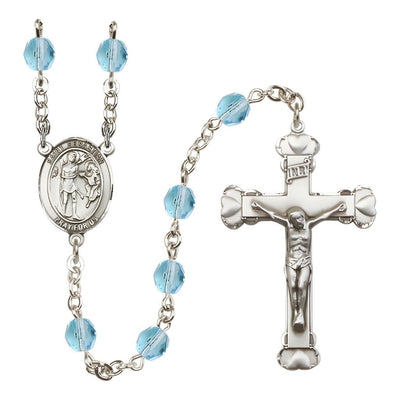 St. Sebastian Rosary with Pewter Heart Crucifix and Centerpiece, Birthstone 6mm Fire Polished Aqua Beads for March, Bliss Manufacturing