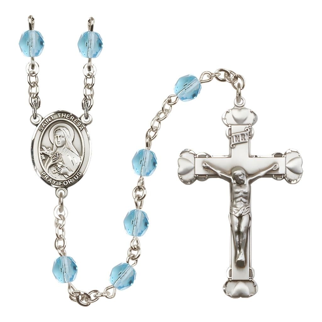 Bliss Birthstone 6mm Aqua Fire Polished Silver-plated Engravable Rosary with Pewter St. Theresa Center and Heart Edge Crucifix
