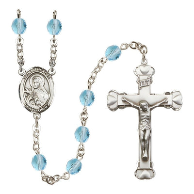 Birthstone 6mm Aqua Fire Polished Silver-plated Engravable Rosary with Pewter St. Theresa Center and Heart Edge Crucifix, Bliss Manufacturing