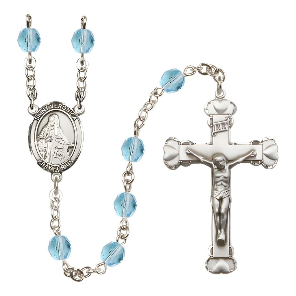Bliss St. Veronica Rosary with Pewter Heart Crucifix and Centerpiece, Birthstone 6mm Fire Polished Aqua Beads for March
