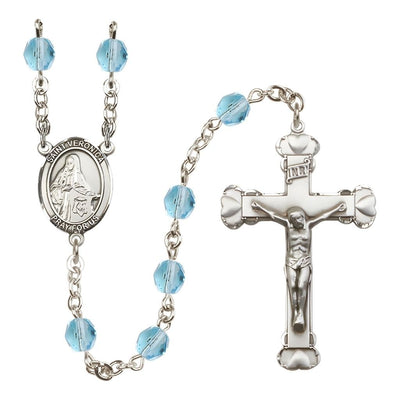 St. Veronica Rosary with Pewter Heart Crucifix and Centerpiece, Birthstone 6mm Fire Polished Aqua Beads for March, Bliss Manufacturing