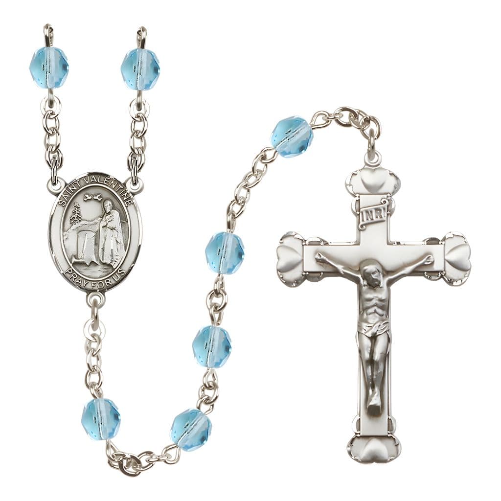 Bliss St. Valentine of Rome Rosary with Pewter Heart Crucifix and Centerpiece, Birthstone 6mm Fire Polished Aqua Beads for March