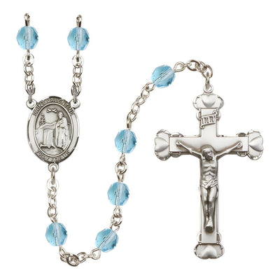 St. Valentine of Rome Rosary with Pewter Heart Crucifix and Centerpiece, Birthstone 6mm Fire Polished Aqua Beads for March, Bliss Manufacturing
