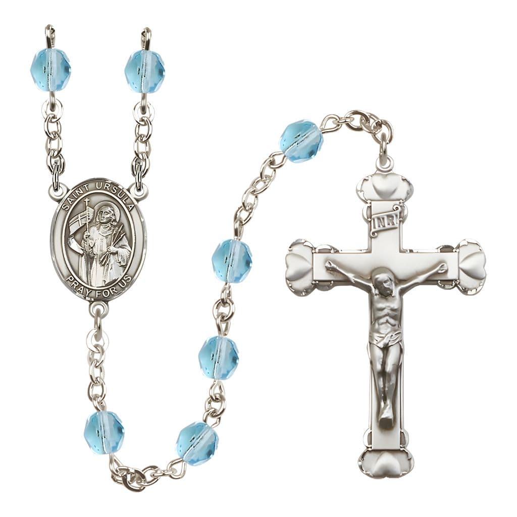 Bliss St. Ursula Rosary with Pewter Heart Crucifix and Centerpiece, Birthstone 6mm Fire Polished Aqua Beads for March
