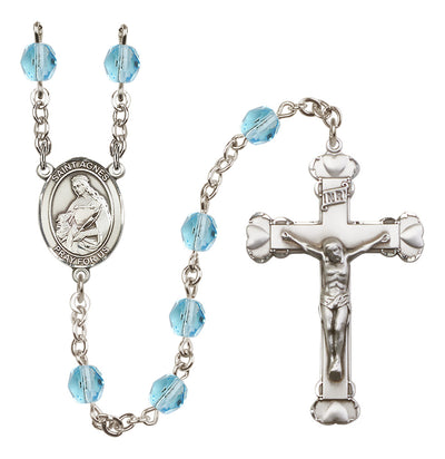 Silver-Plated Crystal St Agnes of Rome Birthstone Heart Rosary in Aqua, Bliss Manufacturing