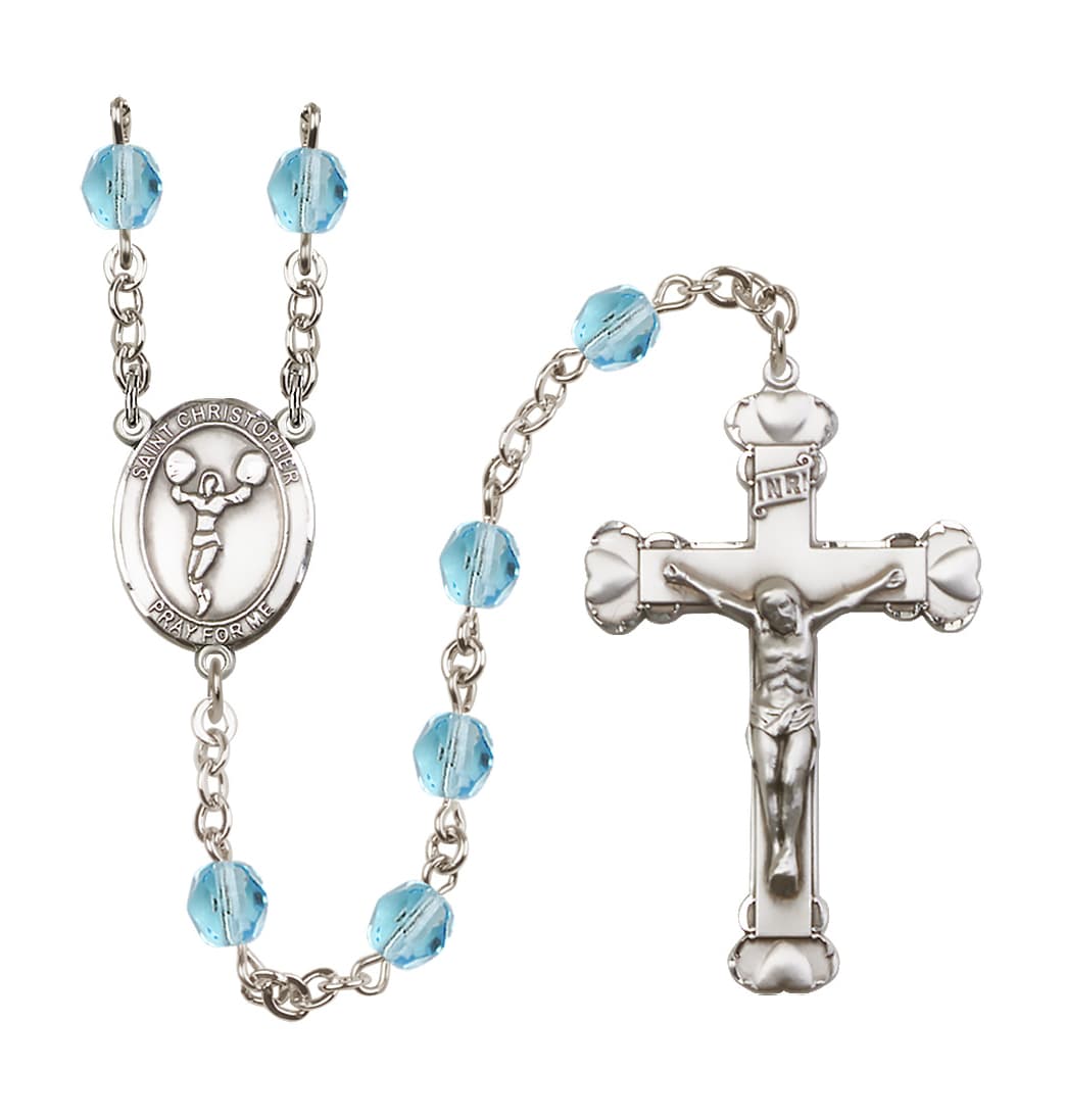 Bliss St Christopher Cheerleading March/Aqua 6mm Fire Polished Heart Rosary