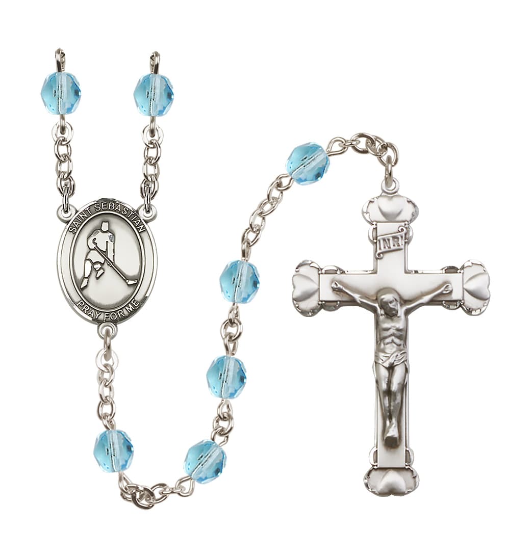 Bliss Aqua March Heart St Sebastian Ice Hockey 6mm Fire Polished Rosary,