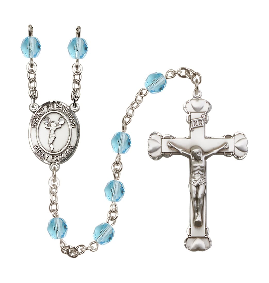 Bliss March Aqua  St Sebastian Cheerleading 6mm Fire Polished Heart Crucifix Rosary,