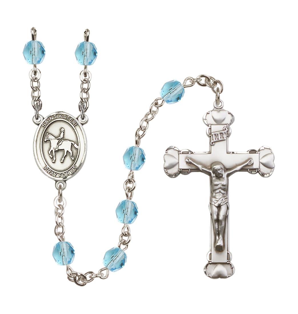 Bliss Birthstone Heart St Kateri Equestrian Aqua/March 6mm Fire Polished Rosary,