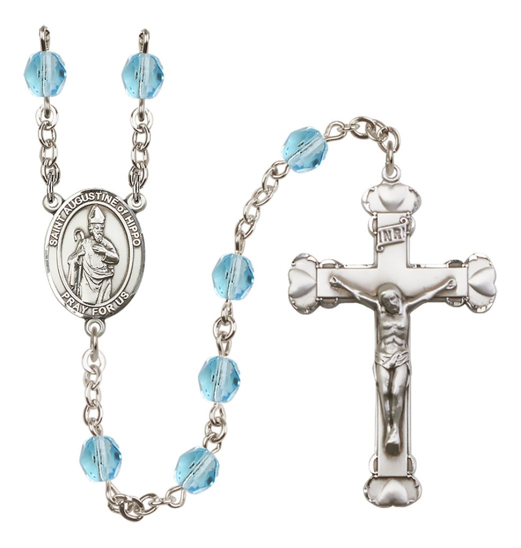 Bliss Silver-Plated Aqua Crystal St Augustine of Hippo Birthstone Heart Rosary,