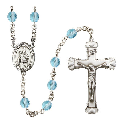 St. Augustine of Hippo Engravable Fire Polished Birthstone Heart Rosary in Aqua, Bliss Manufacturing