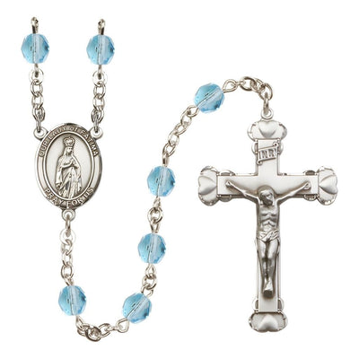 Our Lady of Fatimas Rosary with Pewter Heart Crucifix and Centerpiece, Birthstone 6mm Fire Polished Aqua Beads for March, Bliss Manufacturing