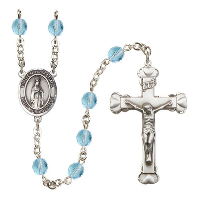 Spanish Virgen de Fatimas Rosary with Pewter Heart Crucifix and Centerpiece, Birthstone 6mm Fire Polished Aqua Beads for March, Bliss Manufacturing