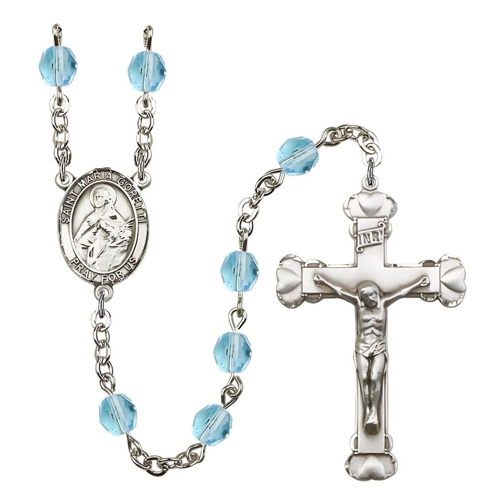 Bliss St. Maria Goretti Engraved Birthstone Fire Polished Rosary in Aqua,
