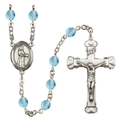 St. Petronille Rosary with Pewter Heart Crucifix and Centerpiece, Birthstone 6mm Fire Polished Aqua Beads for March, Bliss Manufacturing