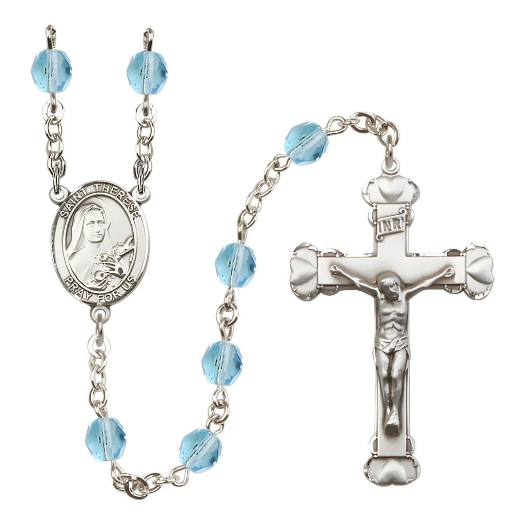 Bliss St. Therese of Lisieux Birthstone 6mm Aqua Fire Polished Rosary with Pewter Crucifix and Centerpiece