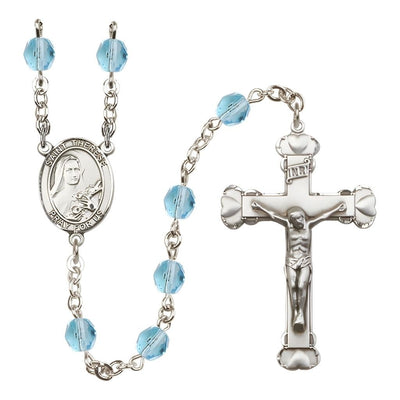 St. Therese of Lisieux Birthstone 6mm Aqua Fire Polished Rosary with Pewter Crucifix and Centerpiece, Bliss Manufacturing