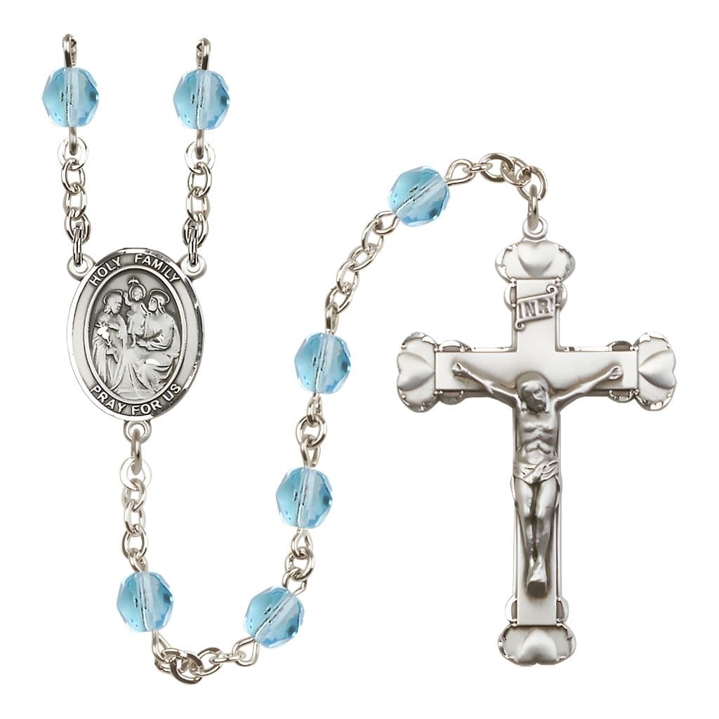 Bliss Holy Family Engravable Rosary with Pewter Heart Crucifix and Centerpiece, Birthstone 6mm Fire Polished Aqua Beads for March