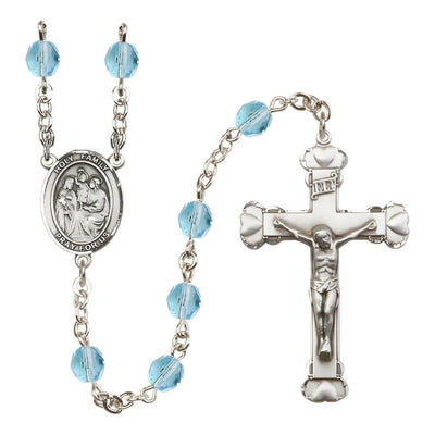 Holy Family Engravable Rosary with Pewter Heart Crucifix and Centerpiece, Birthstone 6mm Fire Polished Aqua Beads for March, Bliss Manufacturing