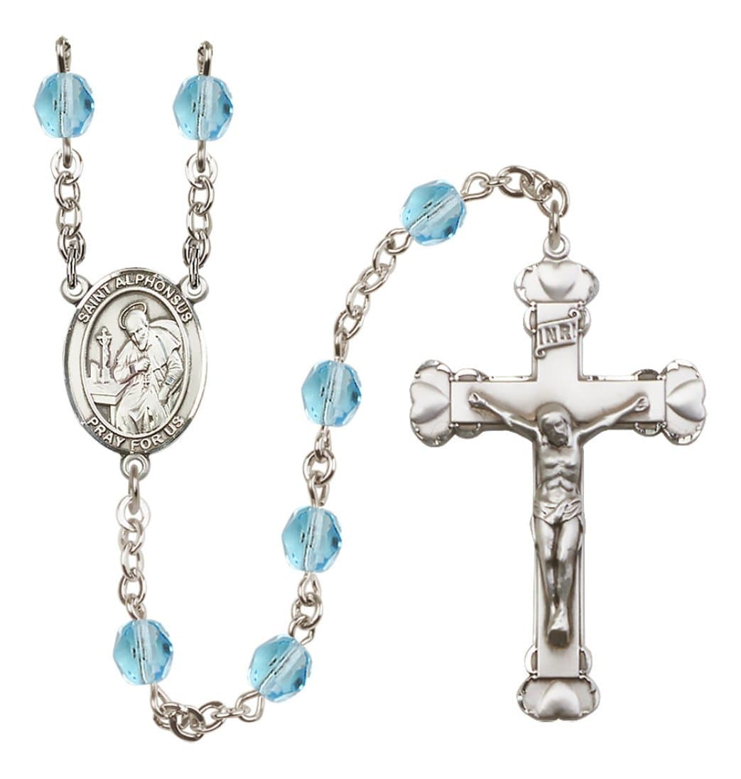 Bliss Silver-Plated Aqua Crystal St Alphonsus Birthstone Heart Rosary,