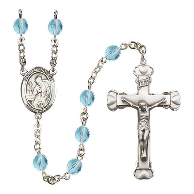Silver-Plated Aqua Crystal St Alphonsus Birthstone Heart Rosary, Bliss Manufacturing