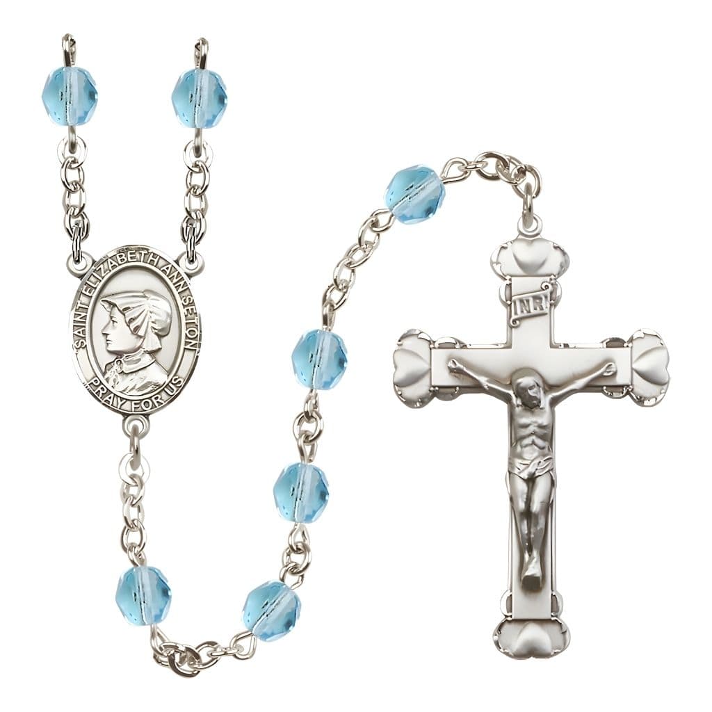 Bliss St. Elizabeth Ann Seton Rosary with Pewter Heart Crucifix and Centerpiece, Birthstone 6mm Fire Polished Aqua Beads for March