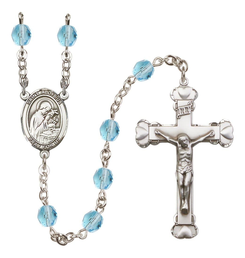 Bliss Silver-Plated Aqua Crystal St Aloysius Birthstone Heart Rosary,