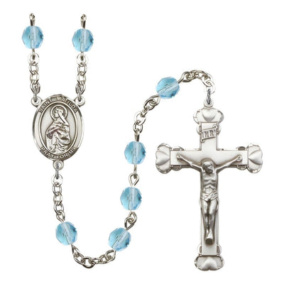 St. Matilda Rosary with Pewter Heart Crucifix and Centerpiece, Birthstone 6mm Fire Polished Aqua Beads for March, Bliss Manufacturing
