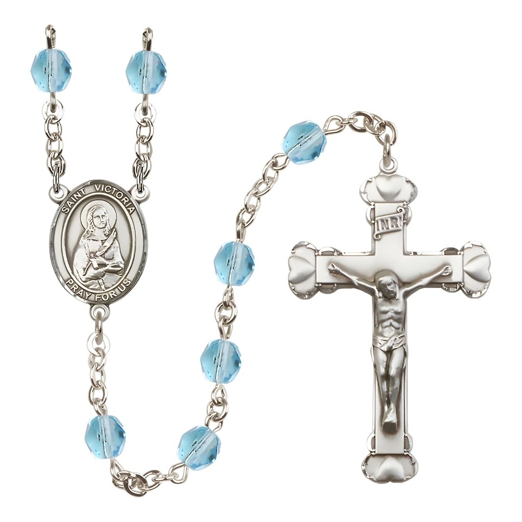 Bliss St. Victoria Rosary with Pewter Heart Crucifix and Centerpiece, Birthstone 6mm Fire Polished Aqua Beads for March