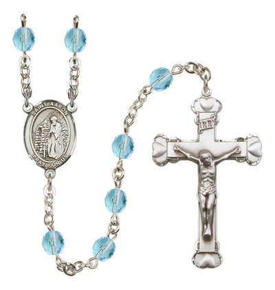 Silver-Plated Aqua Crystal Saint Aaron Birthstone Heart Rosary, Bliss Manufacturing
