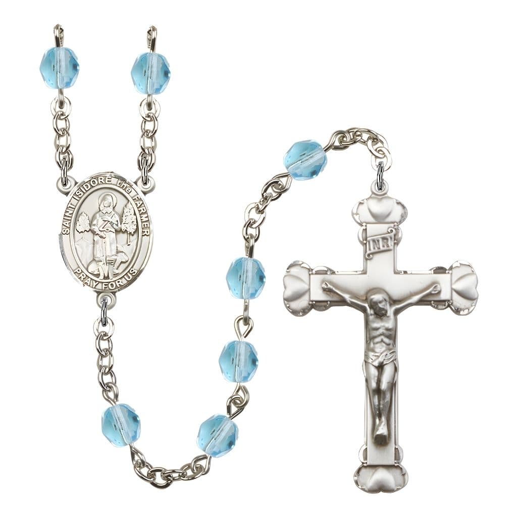 Bliss St. Isidore the Farmer Rosary with Pewter Heart Crucifix and Centerpiece, Birthstone 6mm Fire Polished Aqua Beads for March
