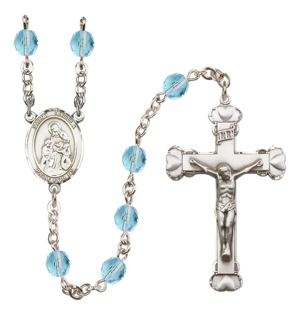 Bliss Manufacturing Aqua Silver-Plated Crystal St Angela Merici Birthstone Heart Rosary,