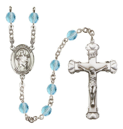 St. Aedan Silver-Plated Aqua Crystal Birthstone Heart Rosary, Bliss Manufacturing