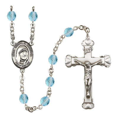 St. Teresa of Calcutta Birthstone Heart Engravable Rosary in Aqua, Bliss Manufacturing