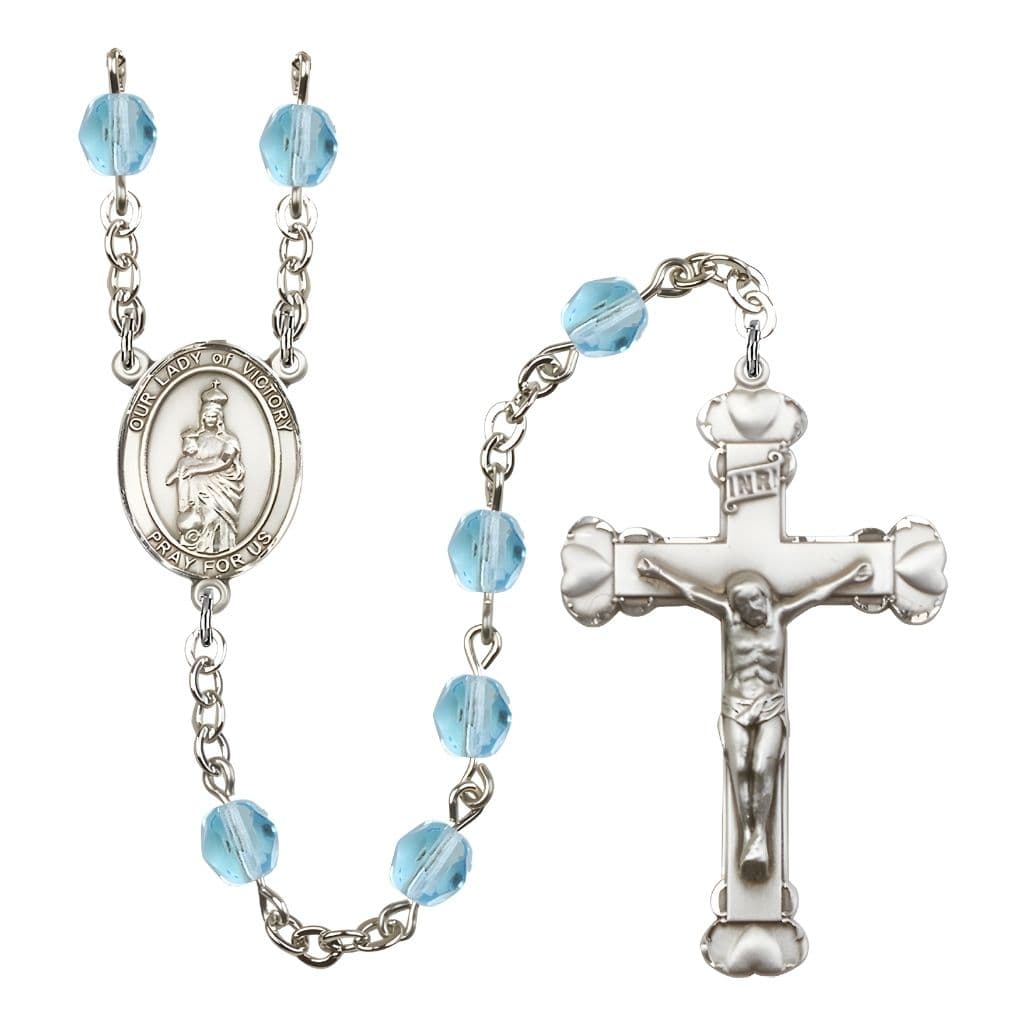 Bliss Our Lady of Victory Birthstone March Aqua 6mm Fire Polished Silver-plated Engravable Heart Tip Rosary with Pewter Centerpiece and Crucifix