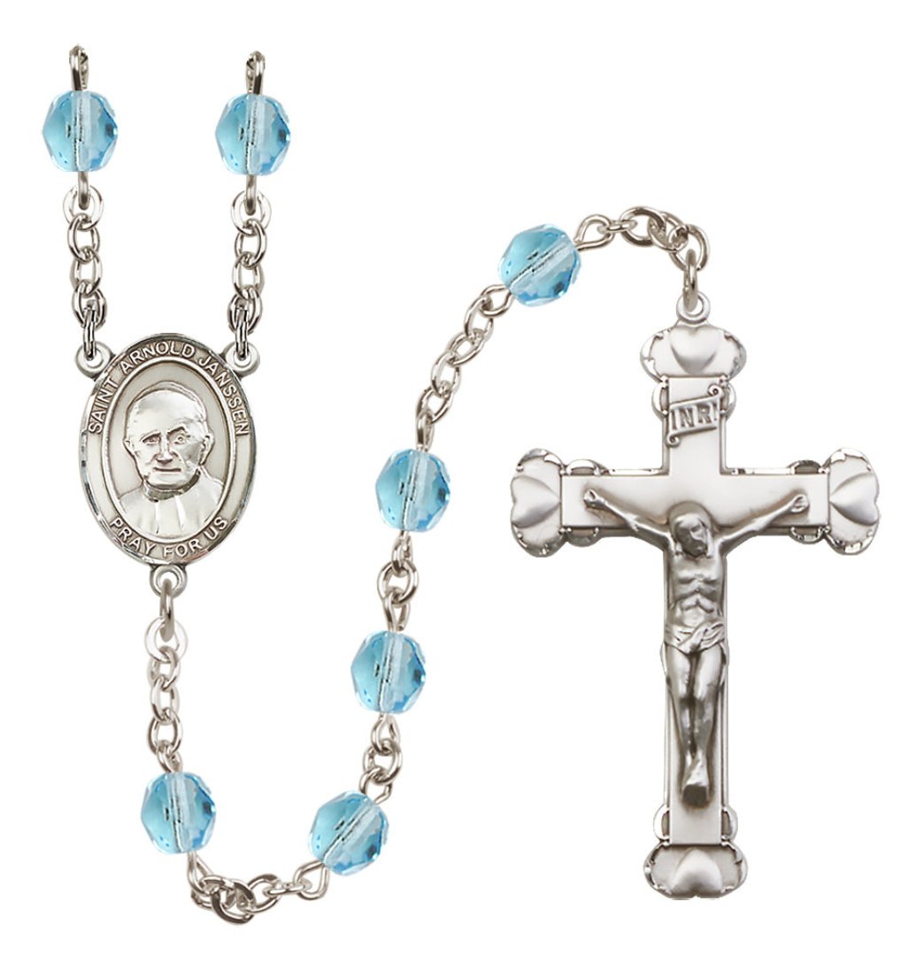 Bliss Silver-Plated Aqua Crystal Saint Arnold Janssen Birthstone Heart Rosary,