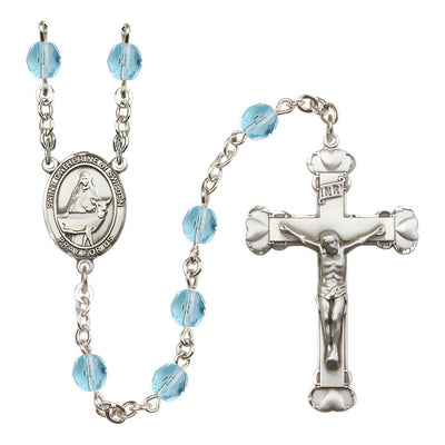St. Catherine of Sweden Rosary with Pewter Heart Crucifix and Centerpiece, Birthstone 6mm Fire Polished Aqua Beads for March, Bliss Manufacturing