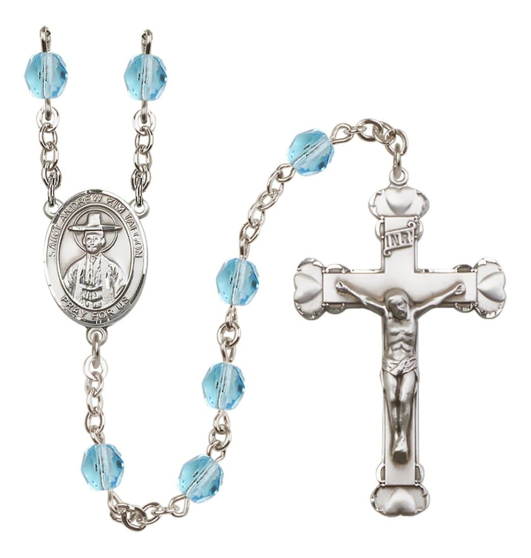 Bliss Silver-Plated Aqua Crystal Saint Andrew Kim Taegon Birthstone Heart Rosary,