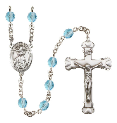 Silver-Plated Aqua Crystal Saint Andrew Kim Taegon Birthstone Heart Rosary, Bliss Manufacturing
