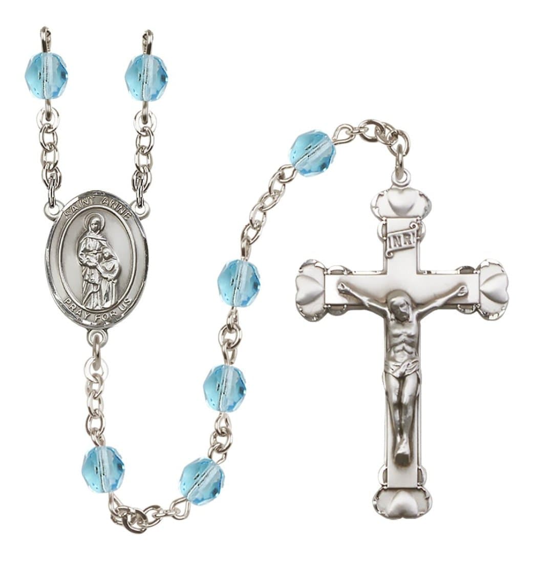 Bliss March Aqua Silver-Plated Crystal St Anne Birthstone Heart Rosary,