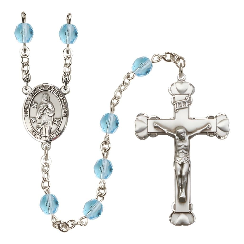 Our Lady of Assumption Engraved Birthstone 6mm Aqua Fire Polished Silver-plated Rosary with Pewter Centerpiece and Heart Tip Crucifix