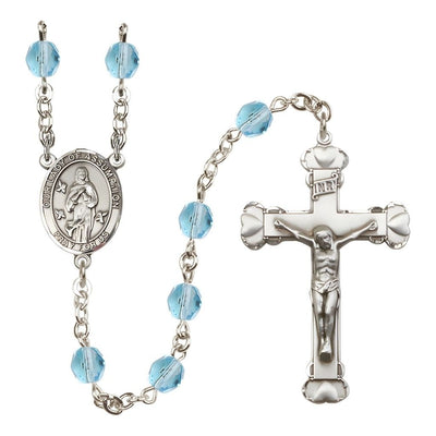 Our Lady of Assumption Engraved Birthstone 6mm Aqua Fire Polished Silver-plated Rosary with Pewter Centerpiece and Heart Tip Crucifix, Bliss Manufacturing