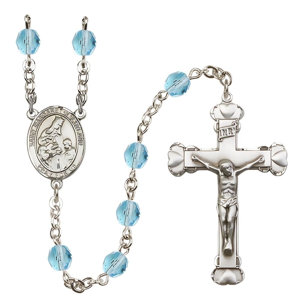 Bliss St. Margaret of Scotland Engraved Birthstone Fire Polished Rosary in Aqua,