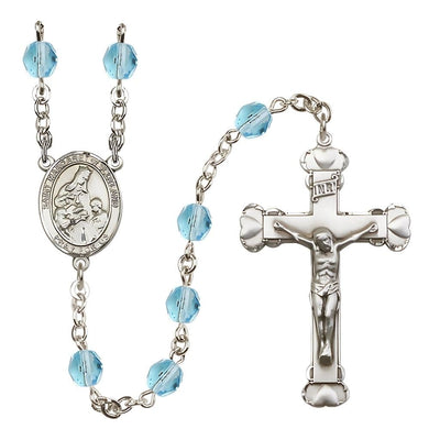St. Margaret of Scotland Engraved Birthstone Fire Polished Rosary in Aqua, Bliss Manufacturing